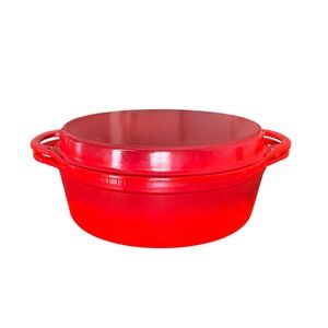 Le Creuset Red Enameled Cast Iron 2-in-1 Oval Dutch Oven with Grill Pan Lid 28
